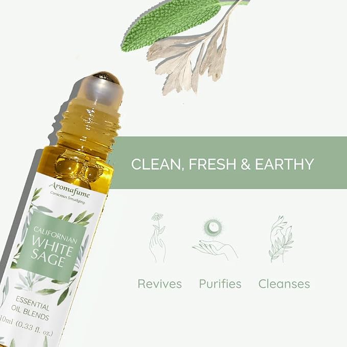 Californian White Sage Essential Oil Roll-On Blend by Aromafume | 10ml/0.33 fl oz | Aromatherapy Oil for Cleansing Negative Energy & Protection | Ethically sourced | Sage Oil for Smokeless Smudging