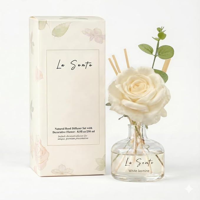 White Jasmine Reed Diffuser Set, 8.5 fl. oz / 250ml | Long Lasting, Flameless, Decorative Flower & Natural Reeds, For Bathroom, Bedroom, Office