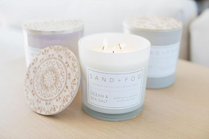 Sand + Fog Scented Candles - Ocean & Sea Salt - Additional Scents and Sizes - 3 Wicks 100% Cotton Lead-Free - Luxury Air Freshening Jar Candles - Perfect Home Decor - 21 oz