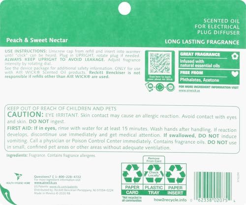 Air Wick Plug in Scented Oil Refill, 5 Ct, Fresh Peach and Sweet Nectar, Air Freshener, Essential Oils, Spring Collection