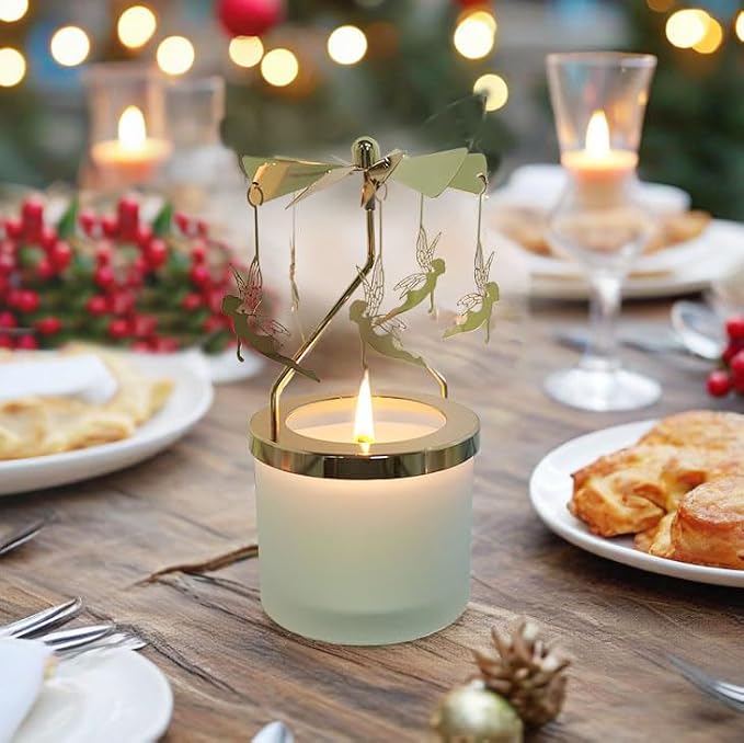 kingnero Lavender Scented Candle Carousel Rotary Candle Holder Spinning Tea Light Holder Birthday Gifts for Women, Mom, Wife, Girlfriend, Sister, Female Friends, (Golden Fairy)
