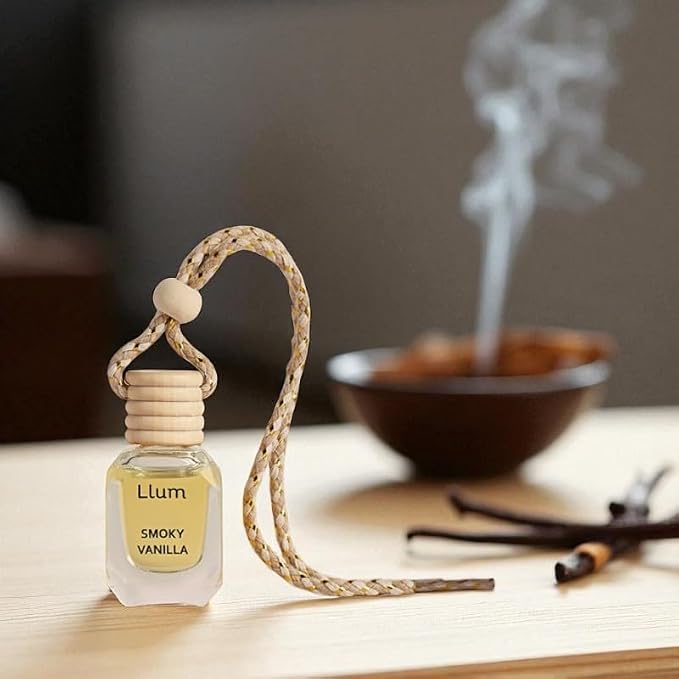 Llum Smoky Vanilla Hanging Car Air Freshener – Luxury Automotive Perfume Diffuser 10ml (0.34 fl oz), Long-Lasting Fragrance, Alcohol-Free Non-Toxic Car Scent, Glass Bottle With Wood Cap