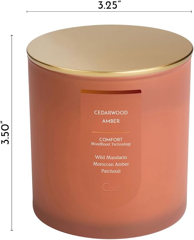 CUE Scented Candle |MoodBoost Essential Oils |OpenWick Clean Burning Candle | Soy Coconut Wax Blend | Candle for Home | Gift |Extended Burn Time (8.5oz, Cedarwood Amber)