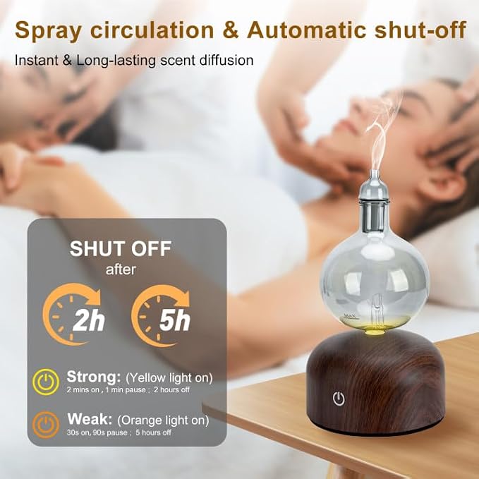 Lychee Rechargeable Waterless Essential Oil Diffuser, Aromatherapy Spray Glass Oil Diffuser, Touch Control with 2 Modes,Travel Portable，Silent Operation and Auto-Off Yellow Light for Home Office