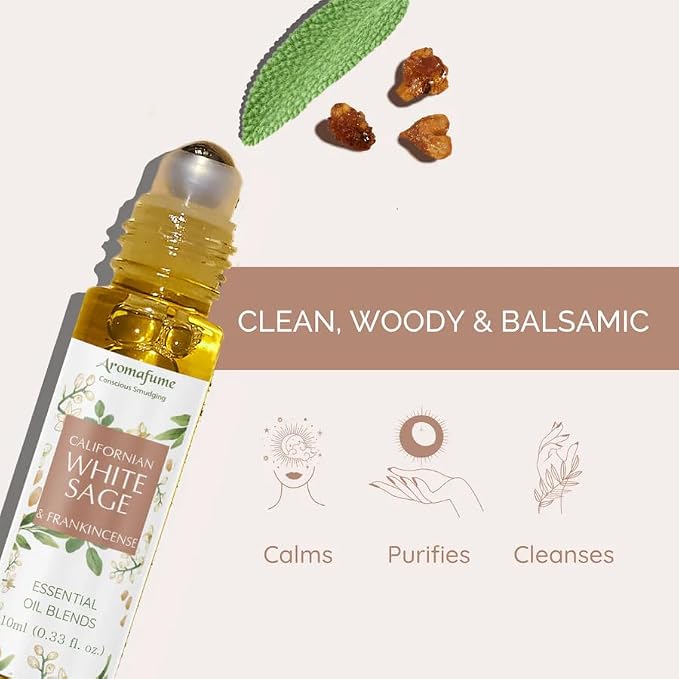 White Sage & Frankincense Essential Oil Roll-On Blend by Aromafume | 10ml/0.33 fl oz | Aromatherapy Oil for Cleansing Negative Energy & Protection | Ethically sourced | Sage Oil for Smokeless Smudging
