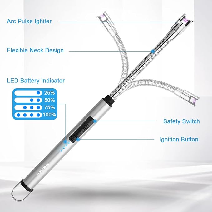 ARECTECH Electric Arc Candle Lighter Flameless Rechargeable USB Long Lighter for Candle Cooking BBQs Fireworks