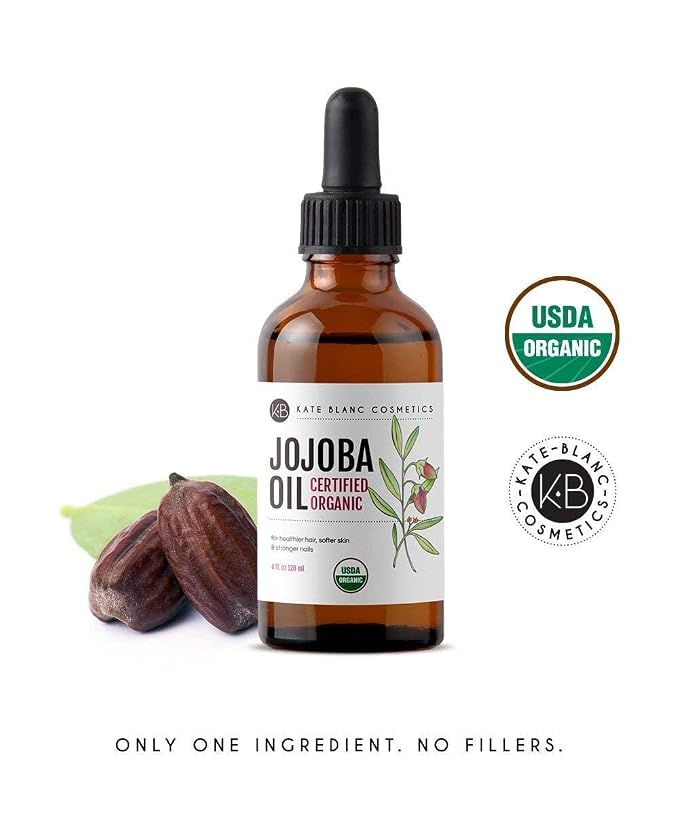 Kate Blanc Cosmetics Organic Jojoba Oil for Hair, Skin, Face, Nails (4oz) - USDA Certified, 100% Pure Cold Pressed Unrefined - Moisturizing Carrier Oil for Gua Sha, Dermaplaning, Body - Glass Bottle
