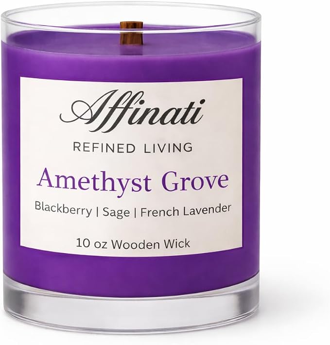 Affinati Amethyst Grove Scented Candle, 10 oz Wooden Wick Tumbler Jar – Highly Fragrant Mystical Sweet Floral Aromatherapy, Crystal Soy Gift