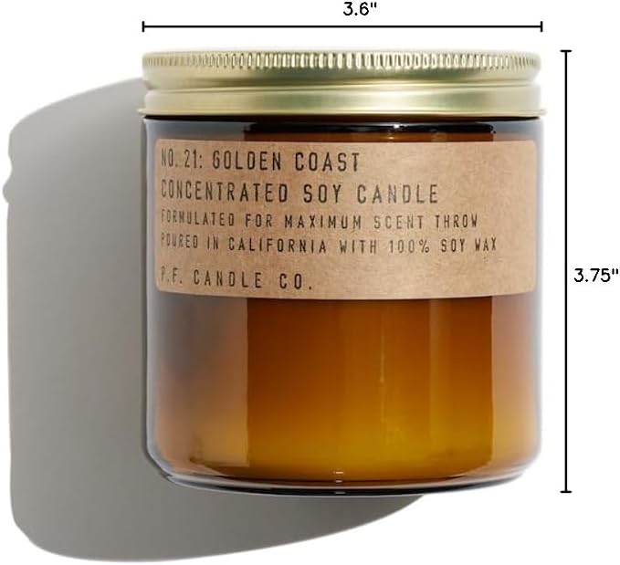 P.F. Candle Co. Golden Coast Classic Large Concentrated Scented Soy Wax Candle (12.5 oz) 60-70 Hour Burn Time, Amber Glass Jar, Made in the U.S.A.