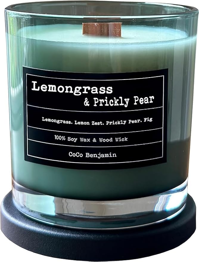 100% Soy, Highly Scented, Hand Poured Soy Candle (Lemongrass Prickly Pear (Wooden Wick))