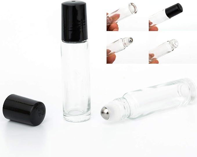 10ml Essential Oil Roller Bottles, 6 Pack Clear Thick Glass Bottles with Stainless Steel Roller Balls and 2 Droppers
