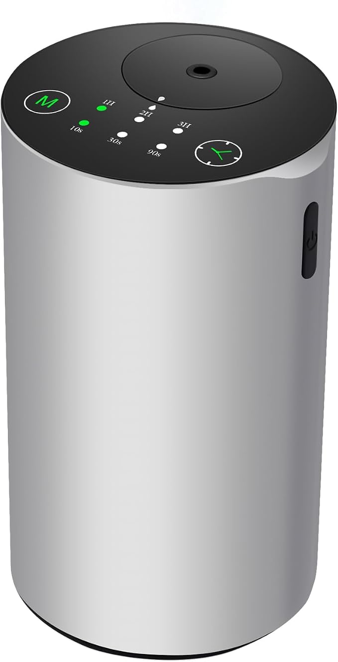 Waterless Essential Oil Diffuser, Battery Powered Mini Scent Air Machine, Aromatherapy Mist Diffuser for Home Room Car Office，Black Aluminum Alloy (Silver)