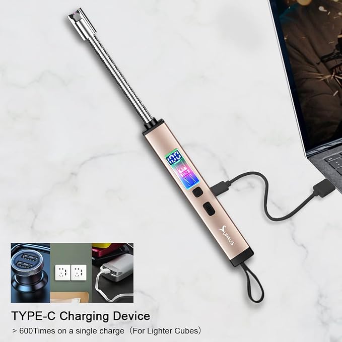 SUPRUS Electric Candle USB Type C Rechargeable 360° Flexible Neck Lighter with Upgraded LED Battery Display Safety Switch Flameless Plasma Windproof (Champagne Gold, 3Packs)