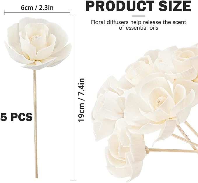 5 Pcs Flower Scent Diffuser, Natural Flower Scent Oil Diffuser Sticks, Aromatherapys Reed Flowers for Home, Bathroom, Office (Camellia), White, KA027-YON-YB