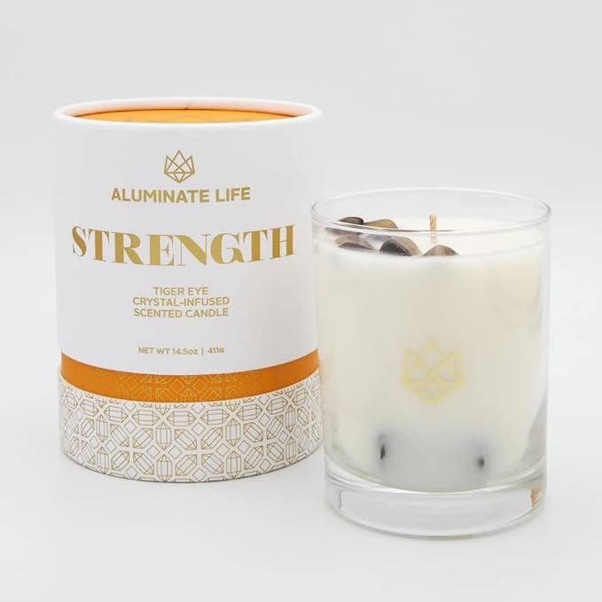Tiger Eye Crystal Infused Luxury Glass Jar Candle, 14.5 OZ, Strength - Scents of Cedarwood, Amber, & Sage - Power, Courage, & Expansion - Coconut Wax, Meditation, Yoga, Metaphysical
