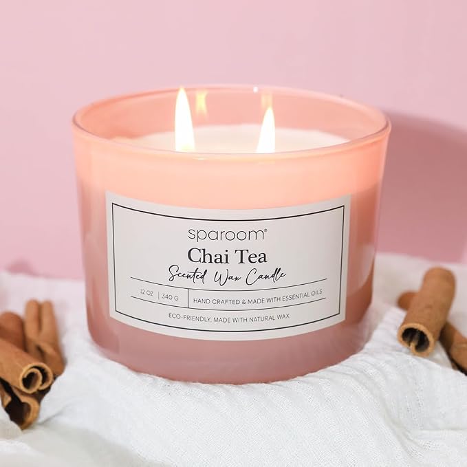 Sparoom Candle Chai Tea Scented 2 Wick Candle, 12 oz Long Lasting Non Toxic Clean Burn, Larged Colors Glass with Wooden Lid
