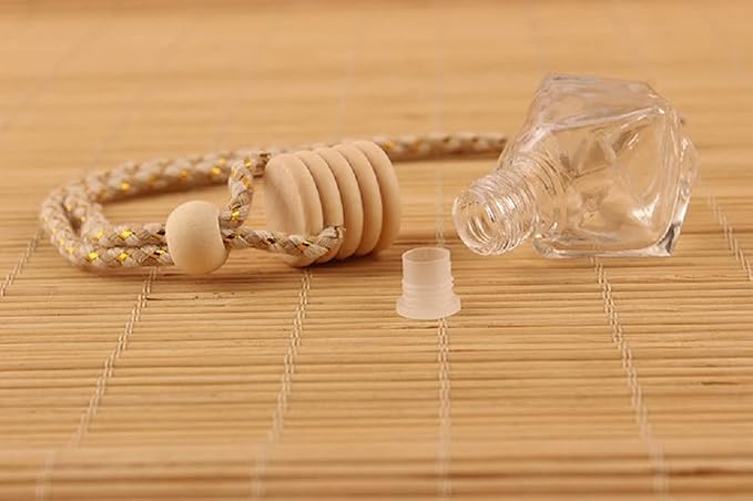 4Packs 8ml Hanging Car Air Freshener Perfume Bottle, Refillable Aromatherapy Fragrance Clear Empty Essential Oil Diffuser Pendant Auto Ornaments Decor Accessories with Wooden Caps (4Packs)