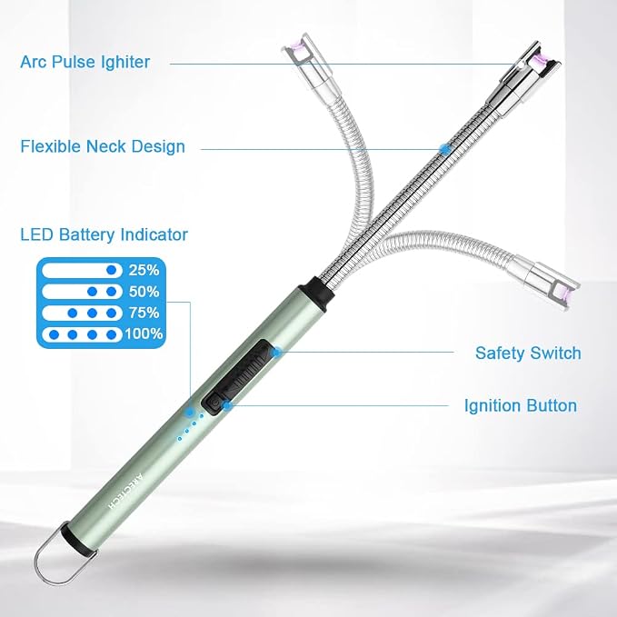 ARECTECH Electric Arc Candle Lighter Flameless Rechargeable USB Long Lighter for Candle Cooking BBQs Fireworks Green