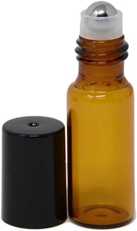 24pcs 5mL Roller (1.35 dram) Amber Glass Stainless Steel Roller Bottle 5cc Vial Small Essential Oil Bottle Travel Must + a 7 Chakra Lava Bead Bracelet for essential oil diffusing & insert removal tool