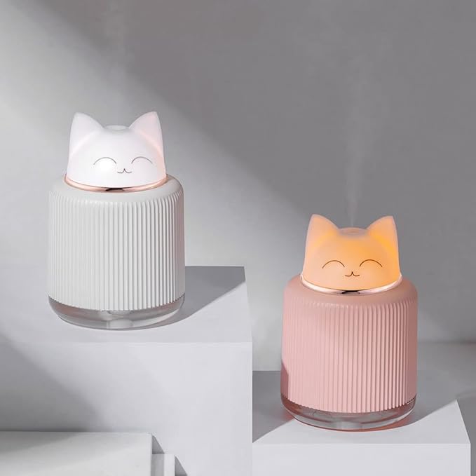 Mini Humidifier-Cute Cat Mist Humidifier for Kids Bedroom, Small Ultrasonic humidifier for Home Car Office with USB 2 LED Colors, Waterless Auto Shutoff, Quiet 300ml (Pink)
