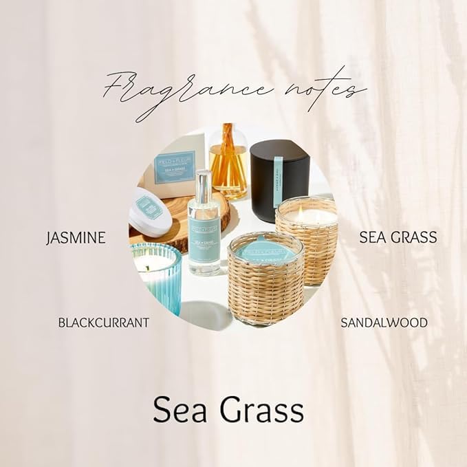 Field + Fleur - Reed Diffuser Set - Home Fragrance Diffuser - Refresh Home, Bedrooms, Bathrooms & More - Notes of Blackcurrant, Jasmine & Sandalwood - Made in the USA - Sea Grass Scent - 4 oz