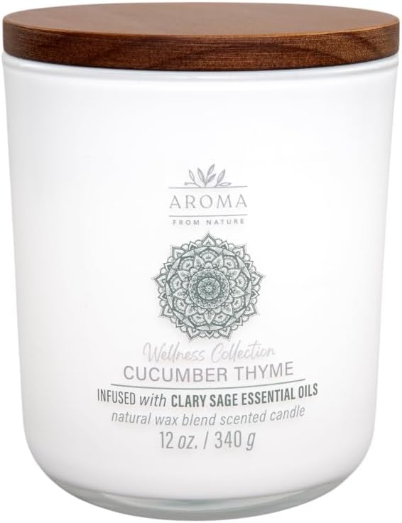 House of Velas, Aroma from Nature Wellness Collection Candle, 12 oz, 2 Cotton Wicks, Cucumber Thyme, Large Painted Jar