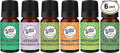 Wild Essentials Top 6 Piece Single Note Essential Oil Set -100% Pure Therapeutic Grade Aromatherapy Kit with Lavender, Eucalyptus, Tea Tree, Orange, Lemongrass, Peppermint - 10ml, Made in The USA