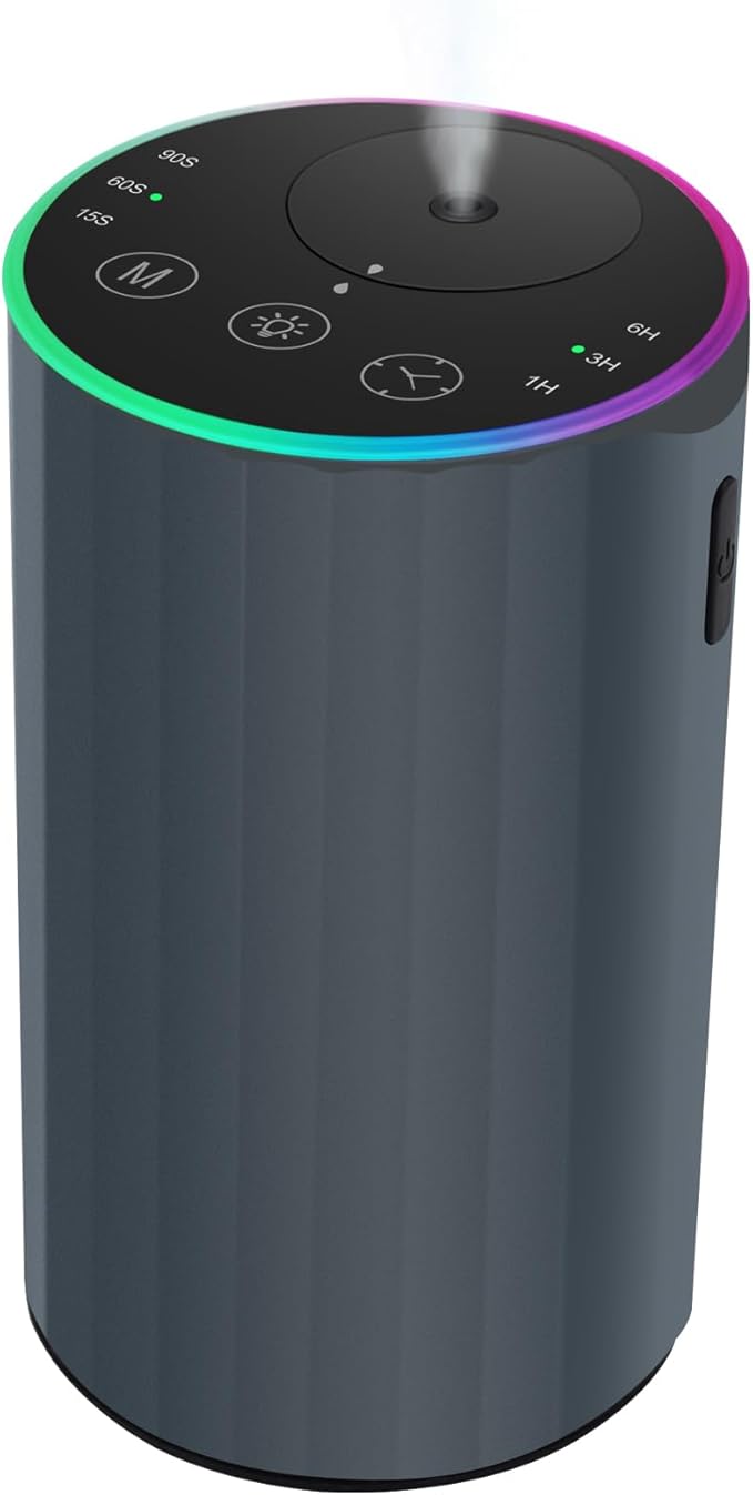 Waterless Essential Oil Diffuser, 7 Colors LED Light, Battery Powered Mini Scent Air Machine, Aromatherapy Mist Diffuser for Home Room Car Office，Black Aluminum Alloy (Gray-LED)