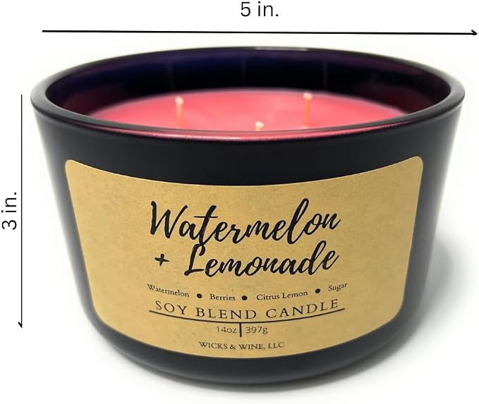 Wicks & Wine Soy Blend 3-Wick Cotton CORE Candle 14oz (Watermelon Lemonade)