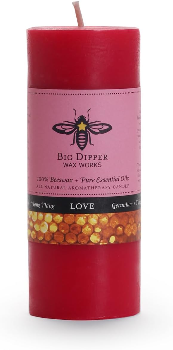 Big Dipper Wax Works 100% Pure Beeswax Pillar Candle, Love (Geranium & Ylang Ylang) Aromatherapy Candle with Pure Essential Oil, Non Toxic Clean Burning Natural Candle, 40 Hour Burn, Small 2" x 4.75"