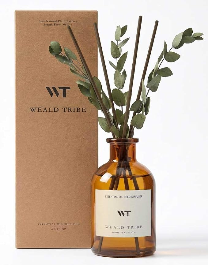 WEALD TRIBE Reed Diffuser Set for Bathroom Air Fresheners, Oil Diffuser Sticks with Flower | Eucalyptus & Mint Scent 4.0 fl oz Home Fragrance with Sticks Defusers | House Bedroom Office Shelf Decor