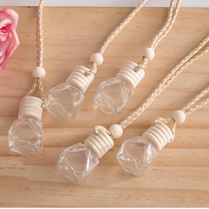 4Pcs 8ml Hanging Car Air Freshener Bottle Scent Essential Oil Car Diffuser with Wooden Cap Glass Vial Pendant for Aromatherapy