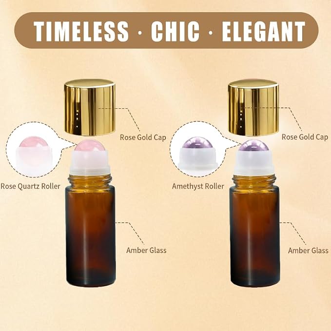 Rose Quartz & Amethyst Roller Bottles for Essential Oils, 50ml Refillable Amber Glass Roll On Bottles with Natural Crystal Roller Balls, Leak-Proof Travel Perfume Bottle with Gold Caps