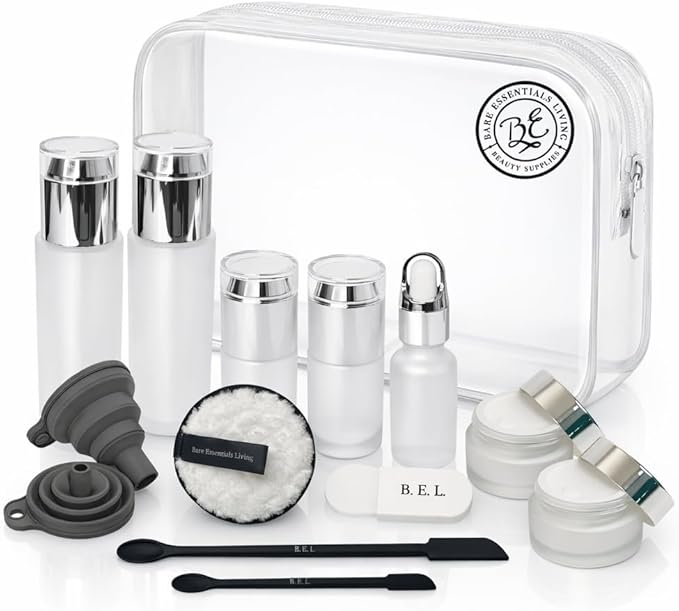 14 Pcs Glass Travel Skincare Containers Set-TSA Approved Toiletry Bag & Glass Travel Bottles for Toiletries Pump, Spray & Dropper Bottles Travel Size for Foundation, Serum Moisturizer Oil & Cream
