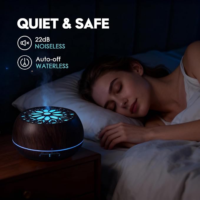 550ml Large Capacity Essential Oil Diffuser with 6 Aromatherapy Oils Set,Ultrasonic Air Humidifier with Timer and 7 Color LED Night Light Waterless Auto-Off Dark Wood Grain