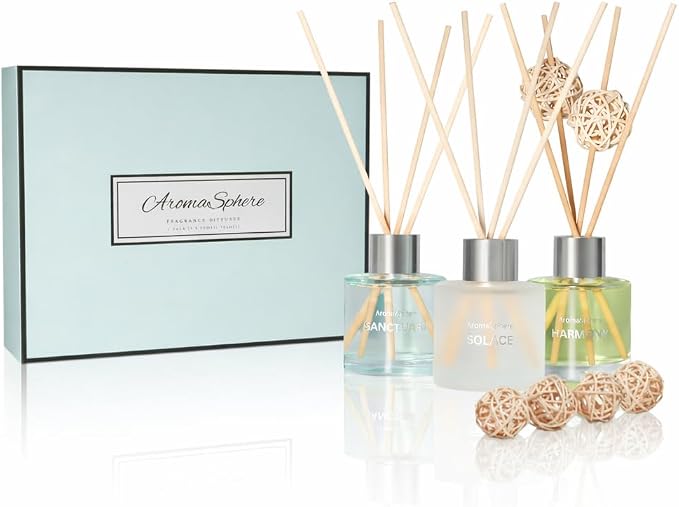 Reed Diffuser Set of 3 | Aromatherapy Fragrance Oil | 12 Sticks and 6 Rattan Balls, 3 x 50ML (Sea Salt, Freesia, Jasmine, Mint Green Edition)