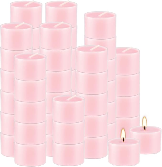 Rose Scented Candle Tealight Candles in Clear Cup, 8 Hours Consistent Smkless Clean Burning, Great for Valentine's Day Holiday, Wedding, Spa, Emergency and Home Decoration（Pink，50 Pack）