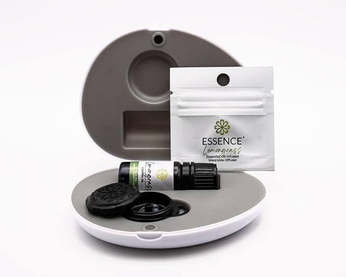 Essence Pearl Travel Case | Lemongrass Essential Oil | Aromatherapy Nasal Diffuser & Essential Oil Carrying Case | Refreshing Lemongrass Scent | Travel-Friendly Kit | Black Pod