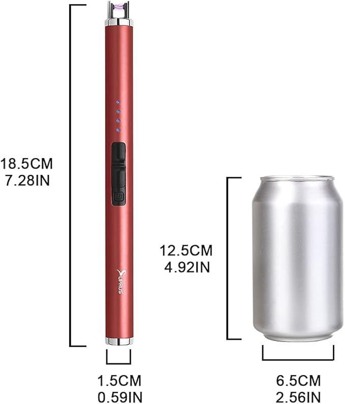 SUPRUS Electric Lighter Candle Type C Rechargeable Lighter with Upgraded LED Battery Display Safety Switch Flameless Plasma Windproof for Candle Cooking BBQs Fireworks Gift(Red)