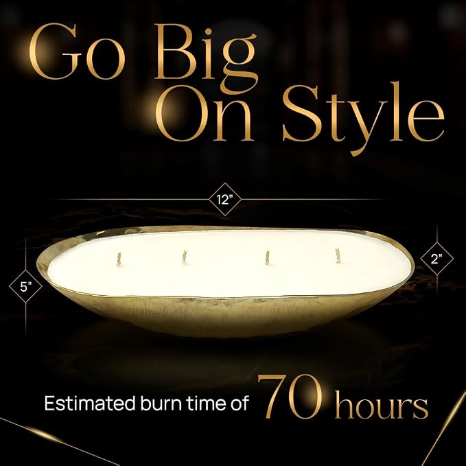 Dough Bowl Candle Co. Luxury Candle - Scented Luxury Candles for Home, 12x5x2 Inch Vessel for Women and Men, Fancy 4 Wick for All Occasions (Gold, Palo Santo and Patchouli)