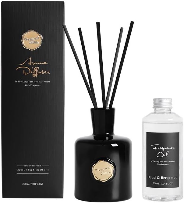 Reed Diffuser Set-Oud&Bergamot-Strong Scent, Long-Lasting Evaporation with Natural Reed Sticks & Essential Oils, Elegant Fragrance for Bathroom Bedroom Office Decor Air Fresh-Ideal Gifts