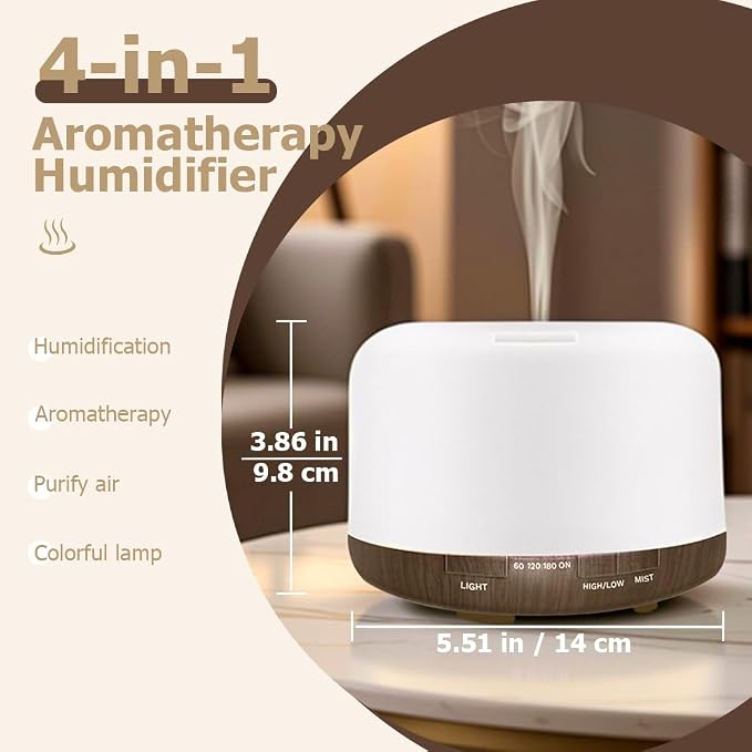 500ml Essential Oil Diffuser,Quiet 4-in-1 Ultrasonic Aromatherapy Humidifier,7 Color LED Lights,Timer & Auto-Off,BPA Free,Large Capacity Room Fragrance(Deep Woodgrain, Mini Model)