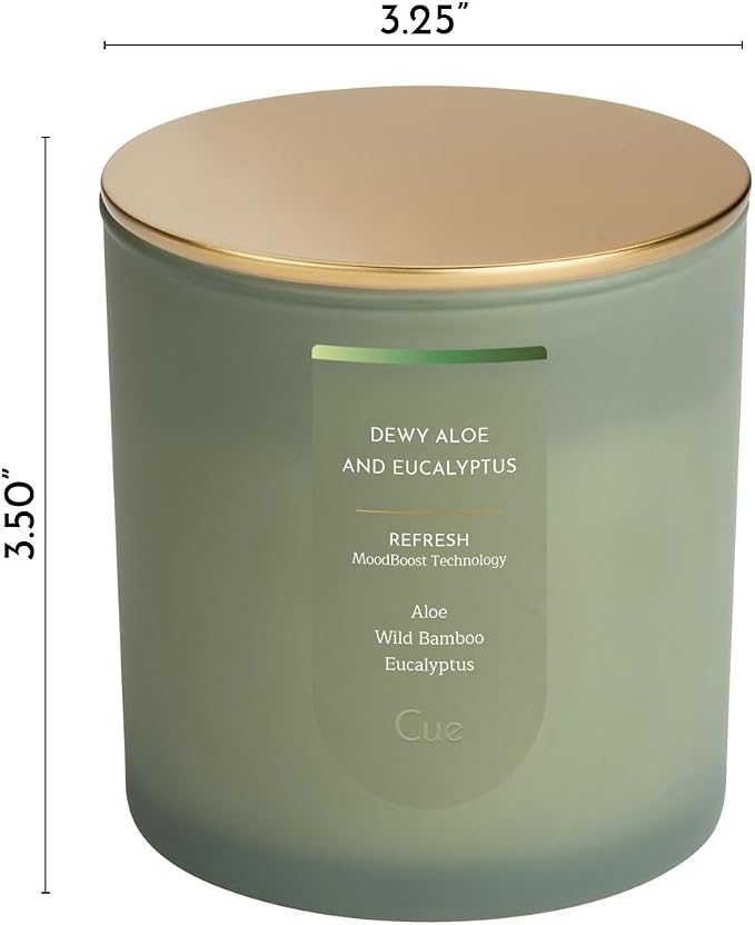 CUE Scented Candle |MoodBoost Essential Oils |OpenWick Clean Burning Candle | Soy Coconut Wax Blend | Candle for Home | Gift |Extended Burn Time (8.5oz, Dewy Aloe and Eucalyptus)