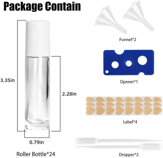 24-Pack 10ml Clear Glass Roll-On Bottles with Stainless Steel Rollers, Refillable Roll-On Applicators for Essential Oils, Castor Oil, Aromatherapy, and Empty Deodorant Containers