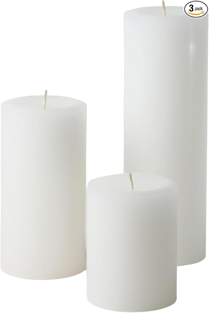 Mister Candle White Unscented Dripless Pillar Candles Set of 3, 3 Inch Diameter, Hand Poured, Premium Wax, Decorative Pillar Candles (3" x 4", 3" x 6", and 3" x 9", White)