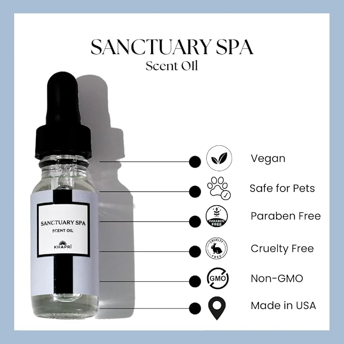 Hotel Inspired Home Perfume Collection -Sanctuary Spa– Premium Essential Oil Blend (15mL/0.5 fl Oz) Aroma with White Tea, Jasmine & Cedarwood| Long-Lasting, Dropper for Diffuser | Made in USA