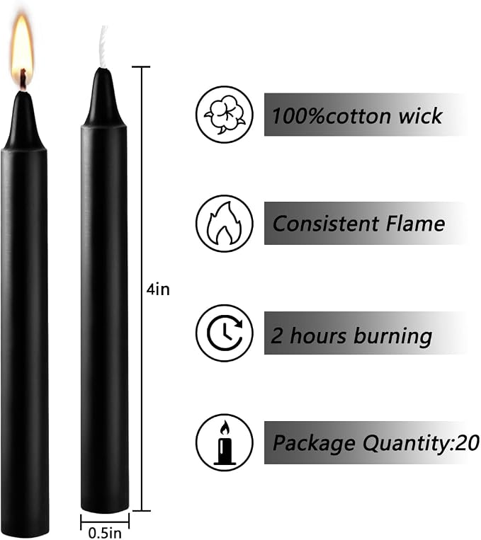 20-Pack of 4-Inch Black Taper Candles - Smokeless, Long-Burning (1.5 Hours Each) - Ideal for Dinners, Parties, Ceremonies, and Shabbat Observances