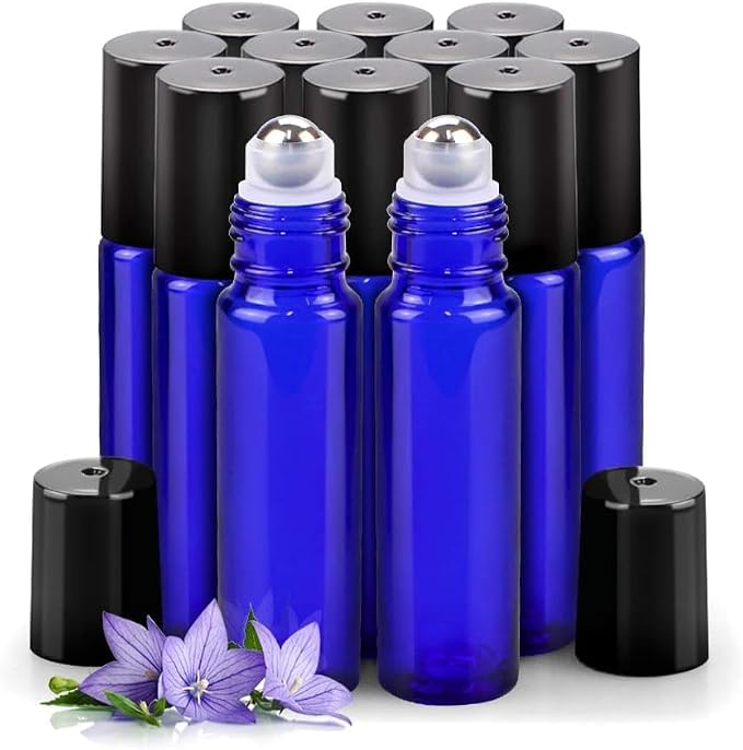 sungwoo 12 Pack Essential Oil Bottles, 10ml Blue Glass Bottles with Stainless Steel Roller Balls and Caps for Travel, Perfume and Lip Gloss