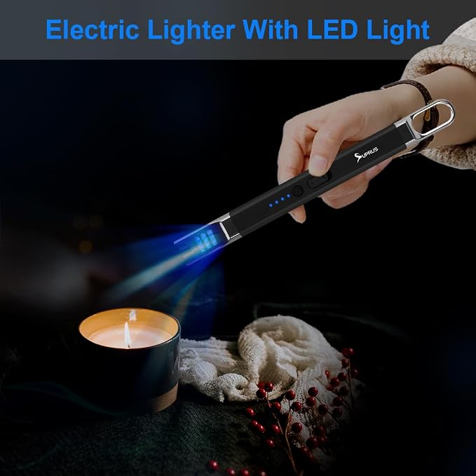 SUPRUS Candle Electric Arc Lighter Windproof Flameless USB Rechargeable Lighter with LED Light for Candle Camping BBQ Cooking (Black&Black)