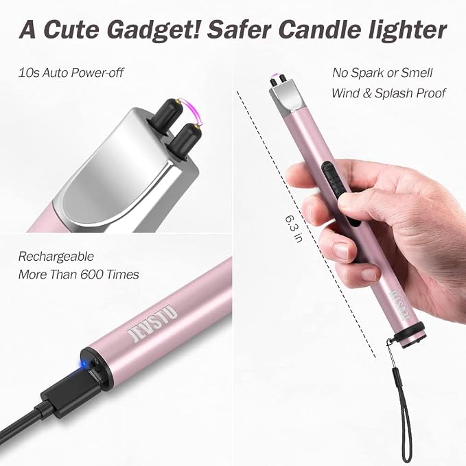 Candle Lighter, Electric Rechargeable USB, Arc Windproof Flameless Plasma Lighter Long Stick, No Butane Fluid, Perfect for Candle BBQ Camping Kitchen Stove, Pink and White
